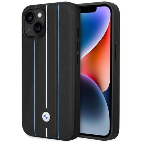 BMW BMHCP14S22RVSK iPhone 14 6.1" tok, fekete hardcase Leather Stamp tok, kék Lines