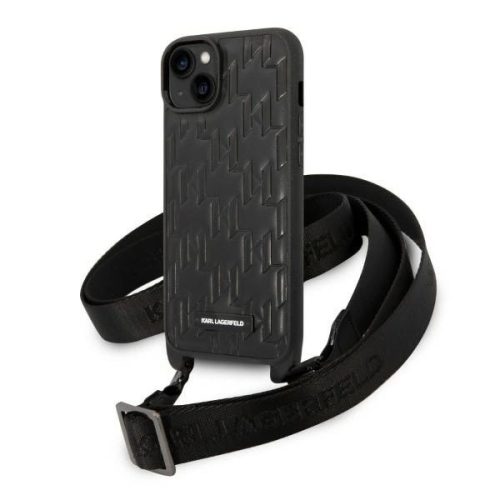 Karl Lagerfeld KLHCP14MSTMMK iPhone 14 Plus / 15 Plus 6,7" Monogram Plaque Logo Strap tok, fekete