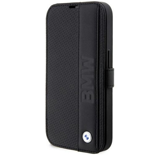 BMW BMBKP14L22RDPK iPhone 14 Pro 6,1" tok, fekete bookcase Leather Textutok, piros&Stripe