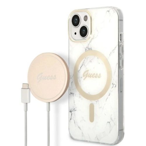 GUESS GUBPP14SHMEACSH iPhone 14 (Bundle Pack Magsafe: Case + Charger / IMG Marble / tok, arany tok, fehér)
