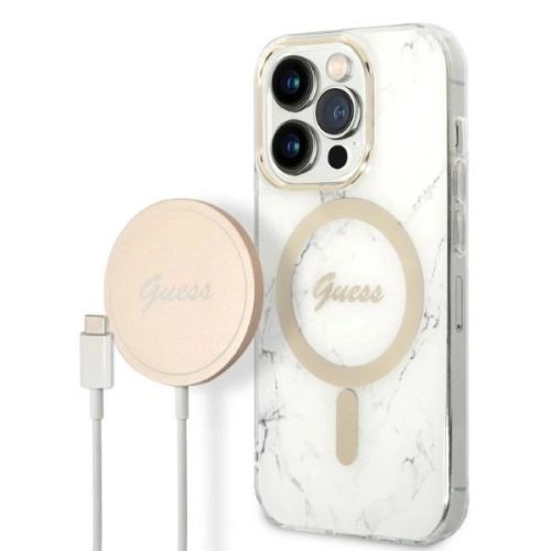 Guess GUBPP14LHMEACSH Case+ Charger Set iPhone 14 Pro 6.1" Marble MagSafe tok, fehér