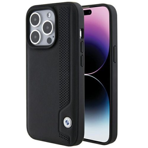 BMW BMHCP15X22RBDK iPhone 15 Pro Max 6.1" hardcase Leather Case Blue Dots tok, fekete