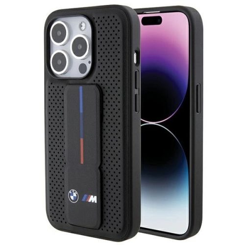 BMW BMHCP15LGSPPRK iPhone 15 Pro 6.1" hardcase Grip Stand Smooth & Perforated tok, fekete