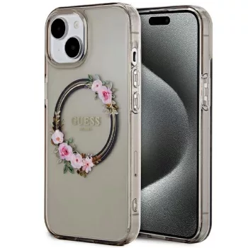   Guess GUHMP15SHFWFCK iPhone 15 6.1"  IML Flowers Wreatch MagSafe tok, fekete