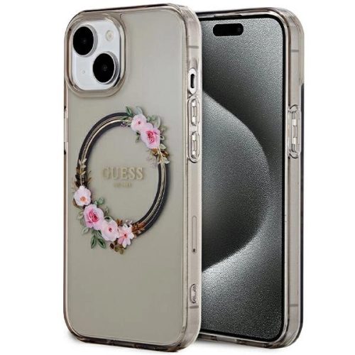 Guess GUHMP15SHFWFCK iPhone 15 6.1"  IML Flowers Wreatch MagSafe tok, fekete