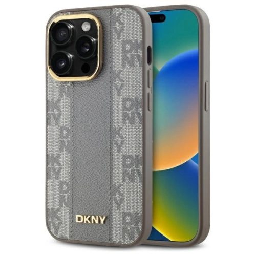 DKNY DKHMP14LPCPVSLE iPhone 14 Pro 6.1" Leather Checkered Mono Pattern MagSafe tok, bézs