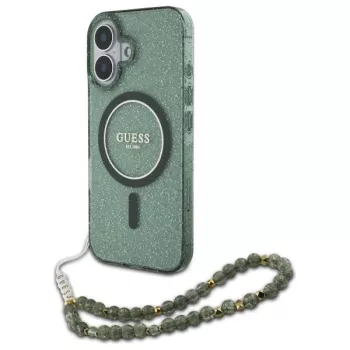   Guess GUHMP16MHGCRELSA iPhone 16 Plus 6.7" tok, zöld hardcase IML Glitter With Pearl Strap MagSafe