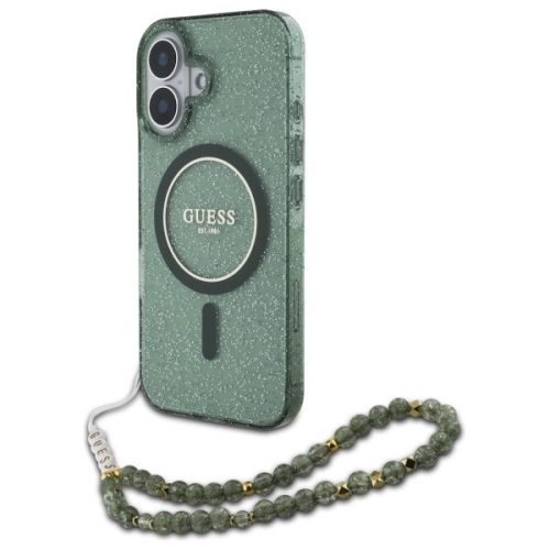 Guess GUHMP16MHGCRELSA iPhone 16 Plus 6.7" tok, zöld hardcase IML Glitter With Pearl Strap MagSafe