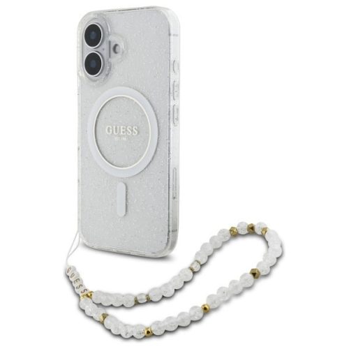 Guess GUHMP16MHGCRELST iPhone 16 Plus 6.7" tok, átlátszó hardcase IML Glitter With Pearl Strap MagSafe