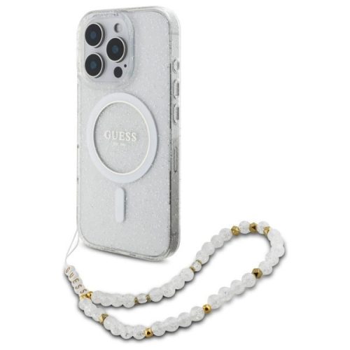 Guess GUHMP16LHGCRELST iPhone 16 Pro 6.3" tok, átlátszó hardcase IML Glitter With Pearl Strap MagSafe