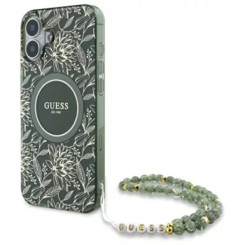   Guess GUHMP16SHCPOFPA iPhone 16 6.1" tok, zöld hardcase IML Flowers Allover Electro With Pearl Strap MagSafe