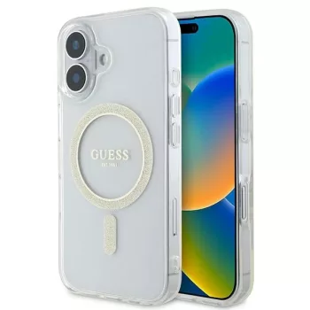   Guess GUHMP16SHFGERET iPhone 16 6.1" tok, átlátszó hardcase IML Glitter Circle MagSafe
