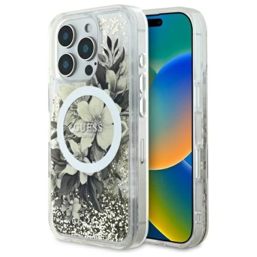 Guess GUHMP16LLFMWTE iPhone 16 Pro 6.3" tok, bézs hardcase Liquid Glitter Flower MagSafe