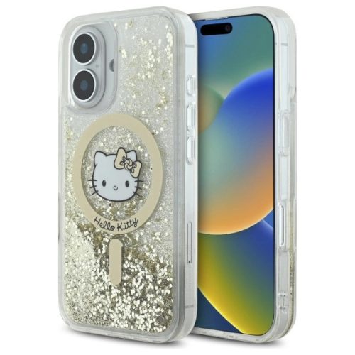 Hello Kitty HKHMP16SLGDIH iPhone 16 6.1", tok, fehér-arany Liquid Glitter Fever MagSafe