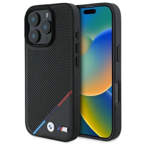 BMW BMHMP16X23PUPDK iPhone 16 Pro Max, 6.9" tok, fekete M Perforated Tricolor Line MagSafe