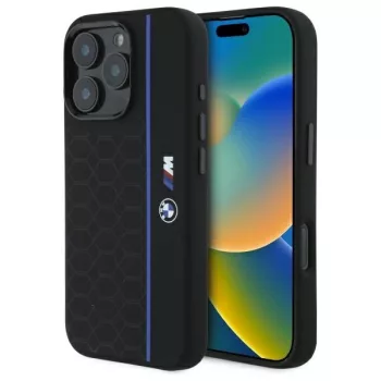   BMW BMHMP16X23SHEB iPhone 16 Pro Max, 6.9" tok, fekete Silicone Hexagon Blue Line MagSafe