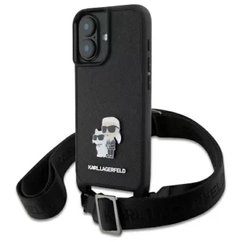   Karl Lagerfeld KLHCP16SSAKCPBK iPhone 16, 6.1" tok, fekete Saffiano Karl&Choupette Metal Pin CBDY Strap