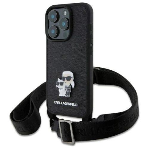 Karl Lagerfeld KLHCP16LSAKCPBK iPhone 16, Pro 6.3" tok, fekete Saffiano Karl&Choupette Metal Pin CBDY Strap