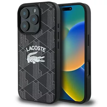   Lacoste LCHMP16LPIGK iPhone 16 Pro 6.3" tok, fekete Monogram Vintage Logo MagSafe