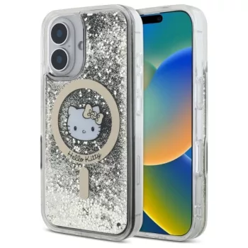   Hello Kitty HKHMP16SLGDIK iPhone 16 6.1", tok, fekete-arany Liquid Glitter Fever MagSafe