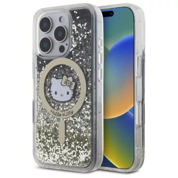   Hello Kitty HKHMP16LLGDIK iPhone 16 Pro, 6.3" tok, fekete tok, arany Liquid Glitter Fever MagSafe
