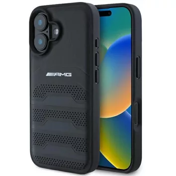   AMG AMHCP16SGSEBK iPhone 16, 6.1" tok, fekete Leather Debossed Lines tok, fekete Logo