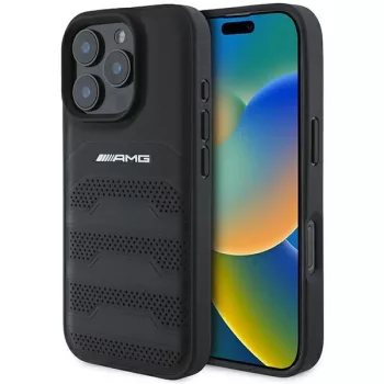   AMG AMHCP16XGSEBK iPhone 16 Pro Max 6.9" tok, fekete Leather Debossed Lines tok, fekete Logo
