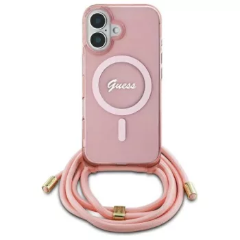   Guess GUHMP16SHCTSGNSP iPhone 16 6.1", tok, rózsaszín hardcase Crossbody Cord Script MagSafe