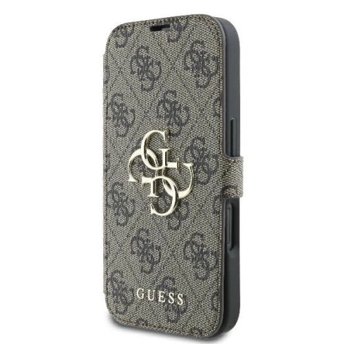 Guess GUBKP16S4GMGBR iPhone 16 6.1" oldalra nyíló tok, barna 4G Metal Logo
