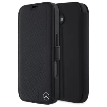   Mercedes MEBKP16S23RBGVK iPhone 16 6.1", tok, fekete oldalra nyíló tok Leather Wood Imitation