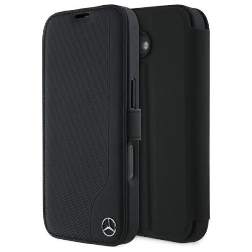 Mercedes MEBKP16S23RBGVK iPhone 16 6.1", tok, fekete oldalra nyíló tok Leather Wood Imitation