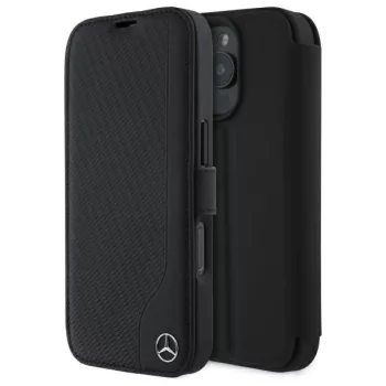   Mercedes MEBKP16X23RBGVK iPhone 16 Pro, Max 6.9" tok, fekete oldalra nyíló tok Leather Wood Imitation