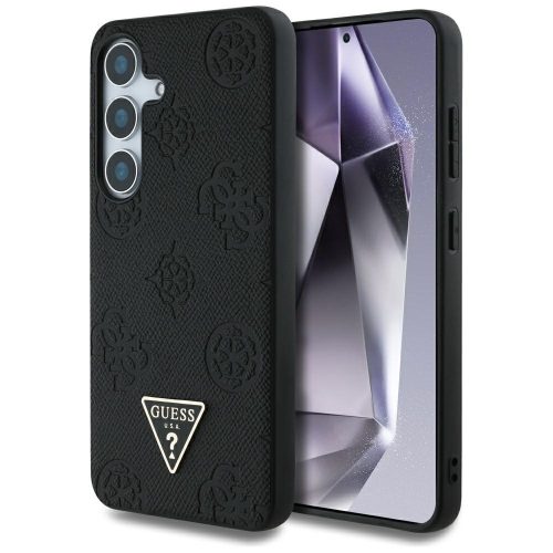 Guess Grained Hot Stamp Peony Pattern Triangle Logo MagSafe Samsung Galaxy S25 tok, fekete