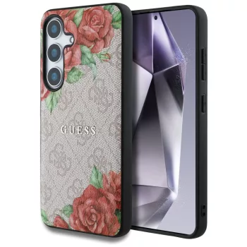   Guess Leather 4G Flowers Print Metal Classic Logo MagSafe Samsung Galaxy S25 tok, rózsaszín