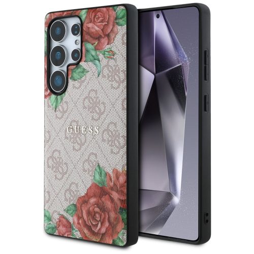 Guess Leather 4G Flowers Print Metal Classic Logo MagSafe Samsung Galaxy S25 Ultra tok, rózsaszín