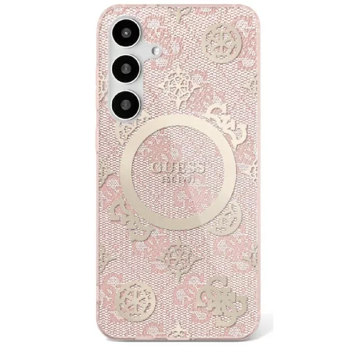 Guess 4G Background Gold Electroplated Peony Pattern MagSafe Samsung Galaxy S25 tok, rózsaszín