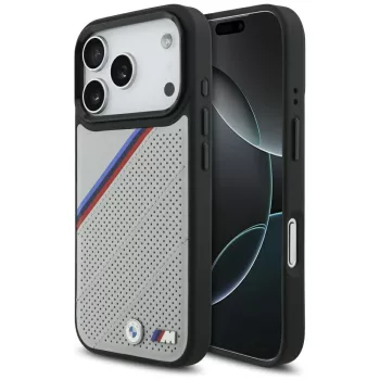 BMW M Tricolor Metal Logo MagSafe iPhone 17 Pro tok, szürke