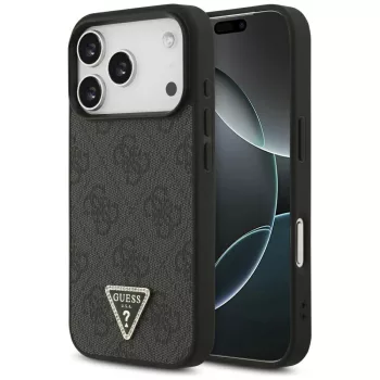   Guess Leather 4G Triangle Strass MagSafe case iPhone 17 Pro tok, fekete