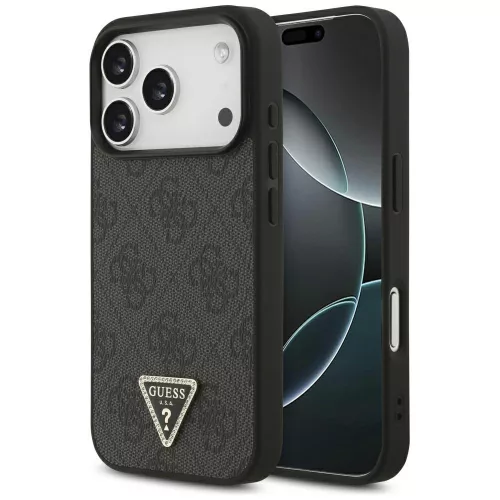 Guess Leather 4G Triangle Strass MagSafe case iPhone 17 Pro tok, fekete