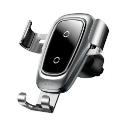   Baseus Metal Gravity Car Air Vent Mount univerzális autós telefon tartó és QI indukciós vezetéknélküli töltő, ezüst