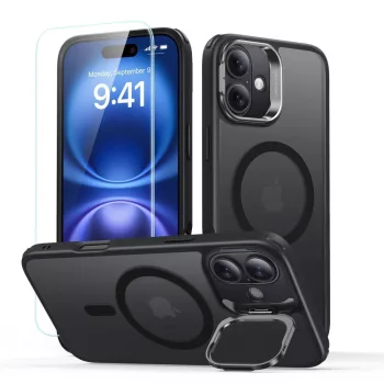   ESR CLASSIC HYBRID KICKSTAND HALOLOCK MAGSAFE & tempered glass IPHONE 16 FROSTED tok, fekete