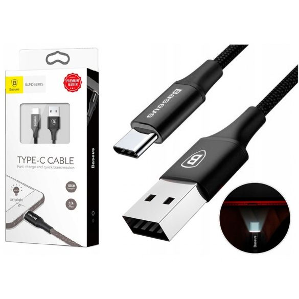 Baseus CATSU-C01 USB/USB-C adat- és töltőkábel, Led-es 2A, 2m, fekete