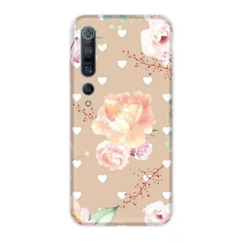   Casegadget Xiaomi Mi 10/Mi 10 Pro fehér szívek és rózsák mintás, tok, hátlap, színes