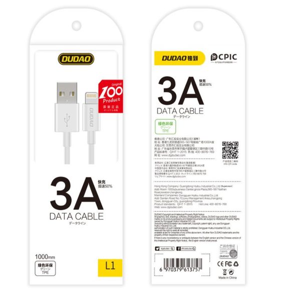 Dudao USB/Lightning adat- és töltőkábel iPhone, iPad készülékekhez, 3A 1m, fehér