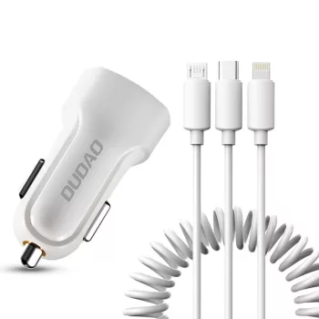   Dudao Car Kit 2xUSB autós töltő, 2,4A + 3in1 kábel: USB/micro USB & Lightning & USB-C, fehér