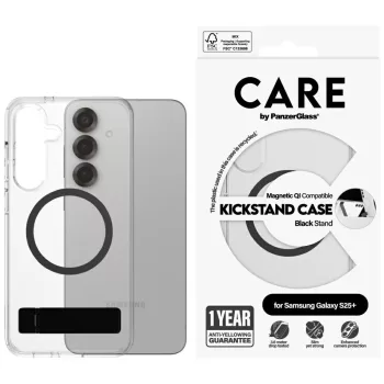   CARE by PanzerGlass Feature tok, fekete Kickstand & QISamsung Galaxy S25 Plus tok, átlátszó