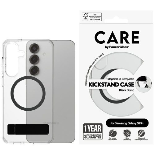 CARE by PanzerGlass Feature tok, fekete Kickstand & QISamsung Galaxy S25 Plus tok, átlátszó