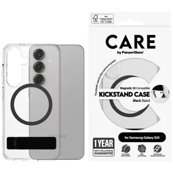   CARE by PanzerGlass Feature tok, fekete Kickstand & QISamsung Galaxy S25 tok, átlátszó