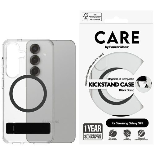 CARE by PanzerGlass Feature tok, fekete Kickstand & QISamsung Galaxy S25 tok, átlátszó
