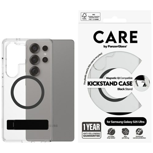 CARE by PanzerGlass Feature tok, fekete Kickstand & QISamsung Galaxy S25 Ultra tok, átlátszó